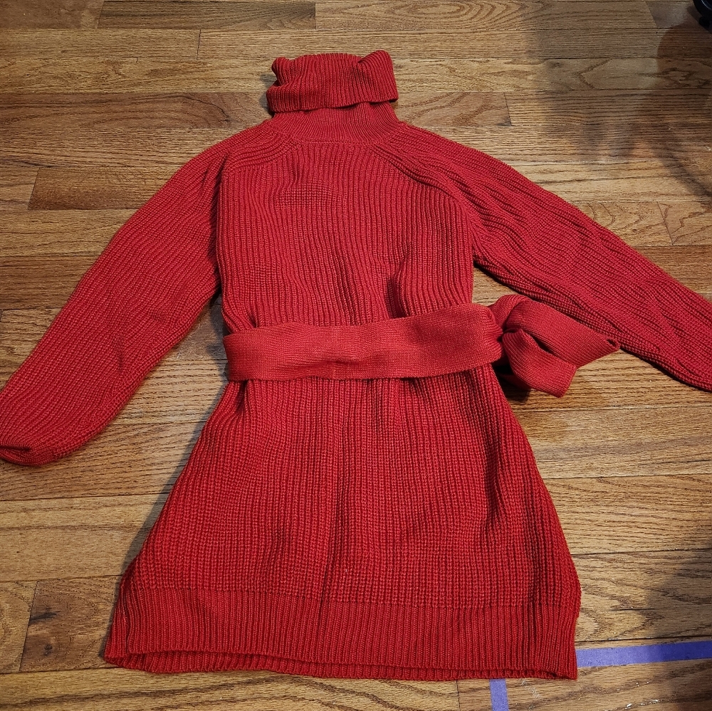 Zenana Red Turtleneck Sweater Dress with Belt Xs